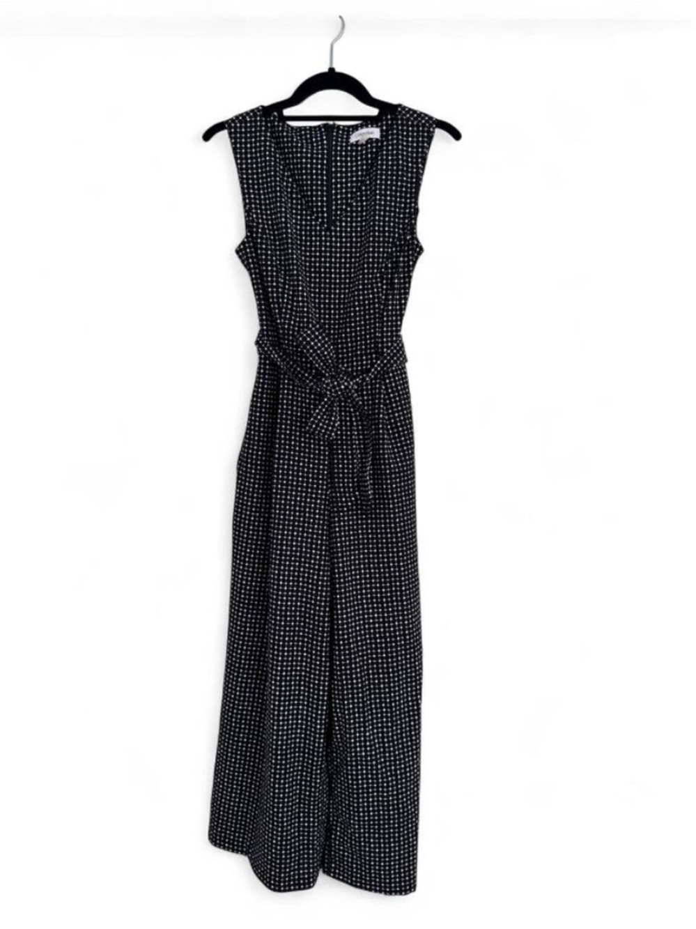Calvin Klein Black and White Polka Dot Sleeveless Jumpsuit with Tie Waist